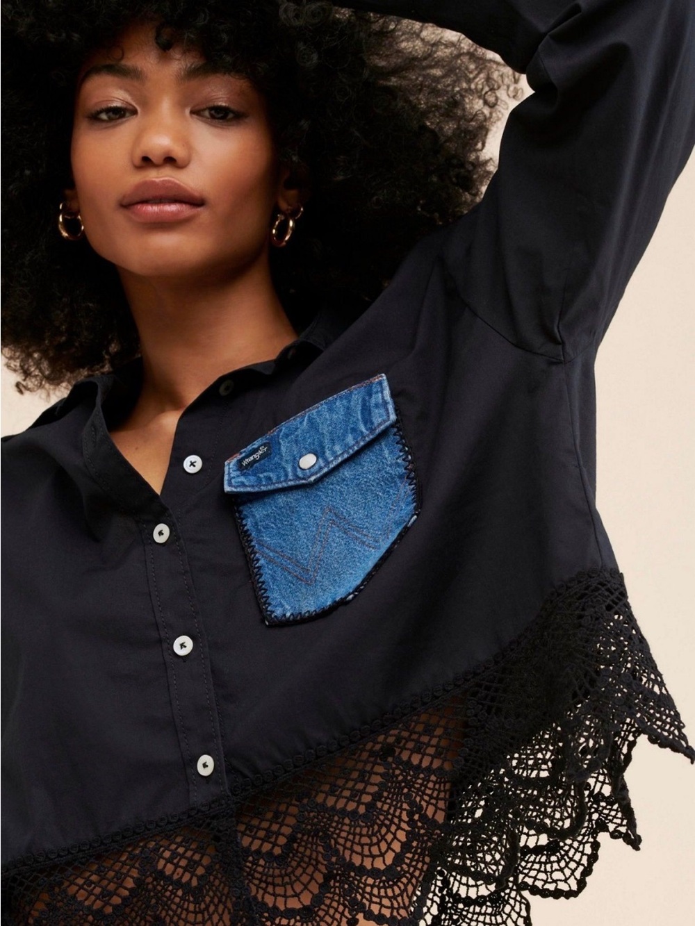 Tricia Fix /Anthro Black Button-Down Shirt with Blue Denim Pocket. Lace Bottom